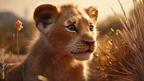 Cute small lioness. Close-up. Generative AI