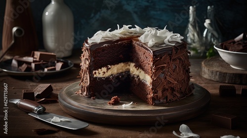 Chocolate cake with coconut flakes. Generative AI