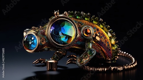 Cyberpunk chameleon wearing colorful iridescent glasses. Lizard creature. Generative AI