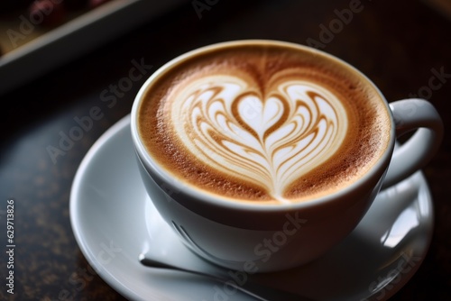 Latte art coffee mug on a wooden table