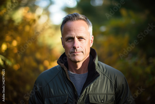 A man in a green jacket standing in a forest with trees and bushes in the background