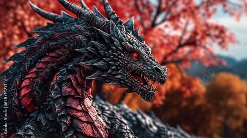 Black and red dragon with red glowing eyes. Generative AI