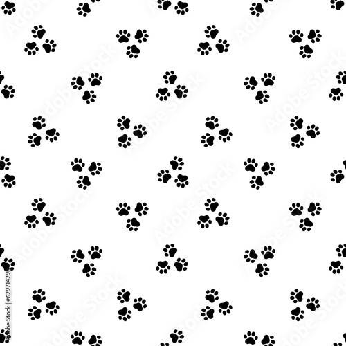 Paw seamless pattern. Repeating cute pet dog or cat background. Repeated modern footprint design for prints. Sample texture black and white silhouette foot. Repeat marks swatch. Vector illustration
