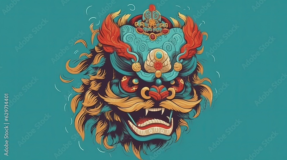 Colorful abstract Chinese dragon head. In style of flat illustration. Generative AI