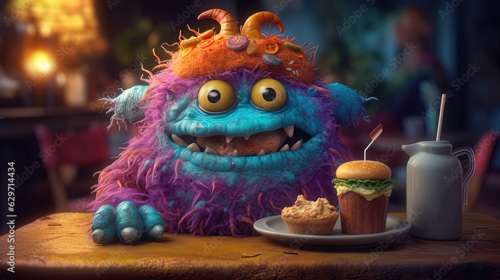 Cartoon fluffy monster at restaurant. Close-up. Generative AI Cartoon fluffy monster at restaurant. Close-up. Generative AI