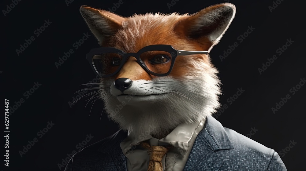 Obraz premium Anthropomorphic fox wearing business suit and glasses. Black background. Generative AI