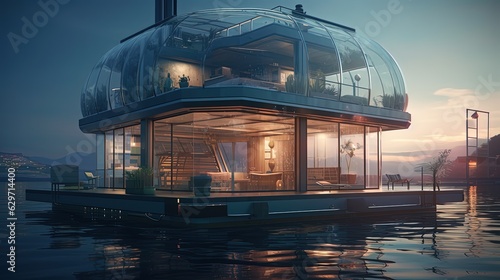  Modern house floating on water. Futuristic house. Generative AI