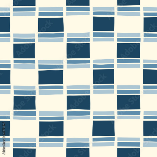 Hand-Drawn Blue and White Geometric Checks Vector Seamless Pattern. Modern Retro Palyful Print. Organic Square Shapes
