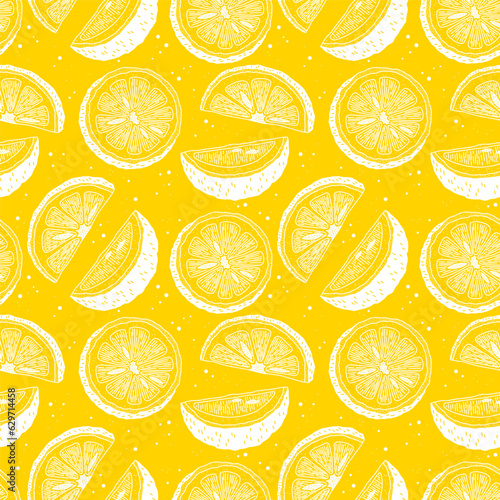 Lemon pattern. Summer kitchen fruit, cute doodle citrus art, cartoon food print, fresh yellow or orange leaf. Vector seamless background 