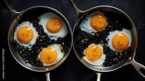 Four freshly cooked eggs with black caviar. Generative AI
