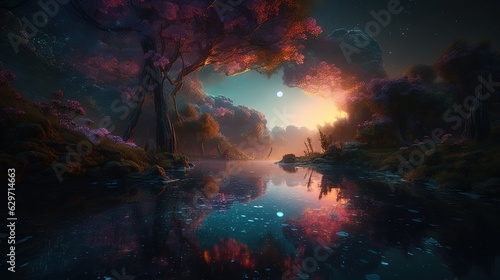 Magical lake in forest. Fantasy lake in forest. Generative AI © Soulmate