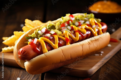 dog yellow food background bread meat american sausage hot sauce fast. Generative AI.