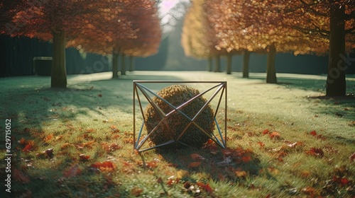 Extraterrestrial geometrical object at park. Artifact. Generative AI