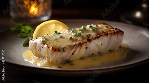 Grilled fish with lemon butter. Generative AI