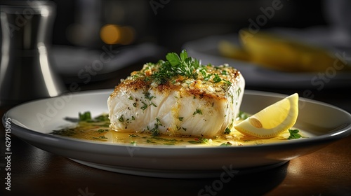 Grilled fish with lemon butter. Generative AI