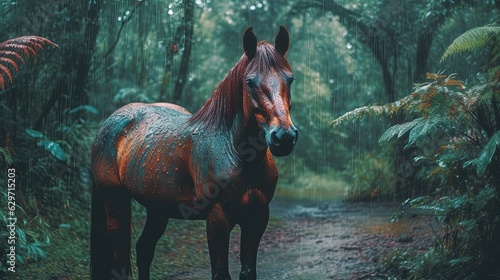 Fantasy horse in tropical jungle. Generative AI