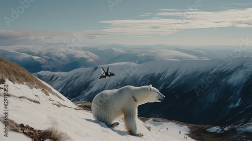 White bear on mountain snowy top. Generative AI