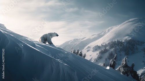 White bear on mountain snowy top. Generative AI