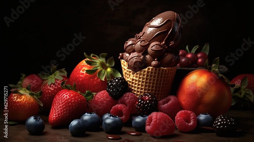 Ice cream in cone with fruits and berries. Generative AI