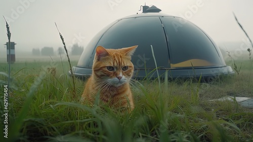 Cat near UFO. Generative AI

