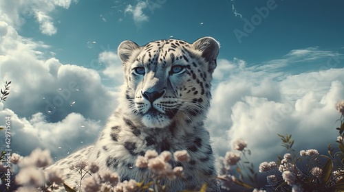 White leopard in the sky with flowers. Generative AI