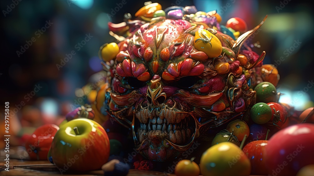 Lucifer psychotic creature made of fruits. Lucifer face. Fruit monster. Devil. Generative AI
