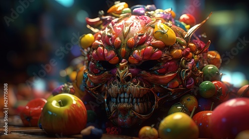 Lucifer psychotic creature made of fruits. Lucifer face. Fruit monster. Devil. Generative AI