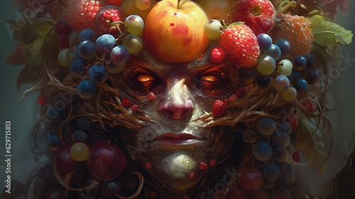 Lucifer psychotic creature made of fruits. Face of Lucifer. Fruit monster. Devil. Generative AI