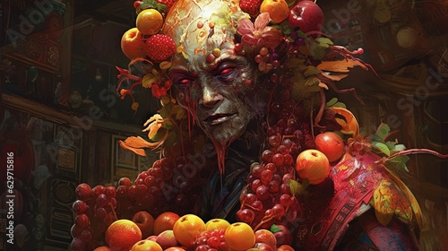Lucifer psychotic creature made of fruits. Lucifer. Fruit monster. Devil. Generative AI