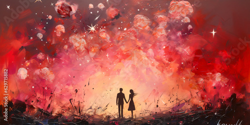 orange and red background illustration with glowing sparks over a silhouette of a love couple in clipart style