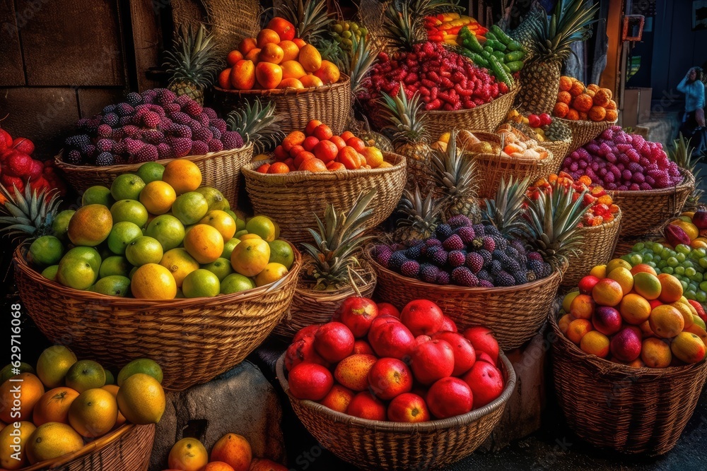 Fruit market displays juicy colors: pineapples, oranges, purple grapes, strawberries and apples., generative IA