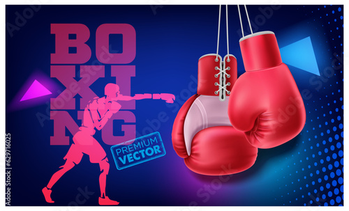 Hanging red boxing gloves. Realistic red double fist vector boxer for punch training 3d vector