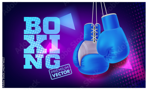 Hanging Blue boxing gloves. Realistic red double fist vector boxer for punch training 3d vector