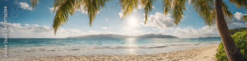Ocean coast panorama in calm weather with small waves, blue sky, white clouds and bright sun. Palm leaves in the foreground. Seascape illustration. Generative AI