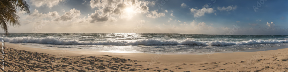 Ocean coast panorama in calm weather with small waves, blue sky, white clouds and bright sun. Seascape illustration. Generative AI