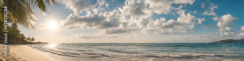 Ocean coast panorama in calm weather with small waves  blue sky  white clouds and bright sun. Seascape illustration. Generative AI