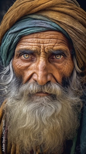 Close Up portrait of an old indian man with white beard wearing traditional clothes
