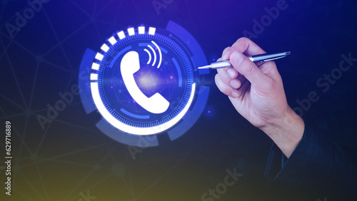 Contact us or Customer support hotline people connect, Businessman using showing and touching on virtual screen call phone icons contact.
