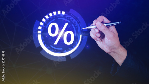 Businessman touching with percentage sign, monetary growth, interest rate increase, inflation concept, Interest rate financial and mortgage rates concept.