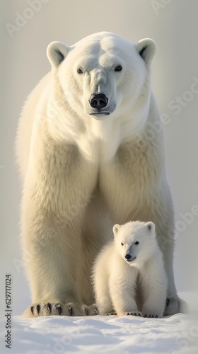 A female polar bear standing beside her son in the north pole