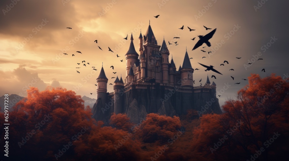 Scary halloween castle - dark spooky place, with coffins and many bats, beautiful view, fog, AI Generative