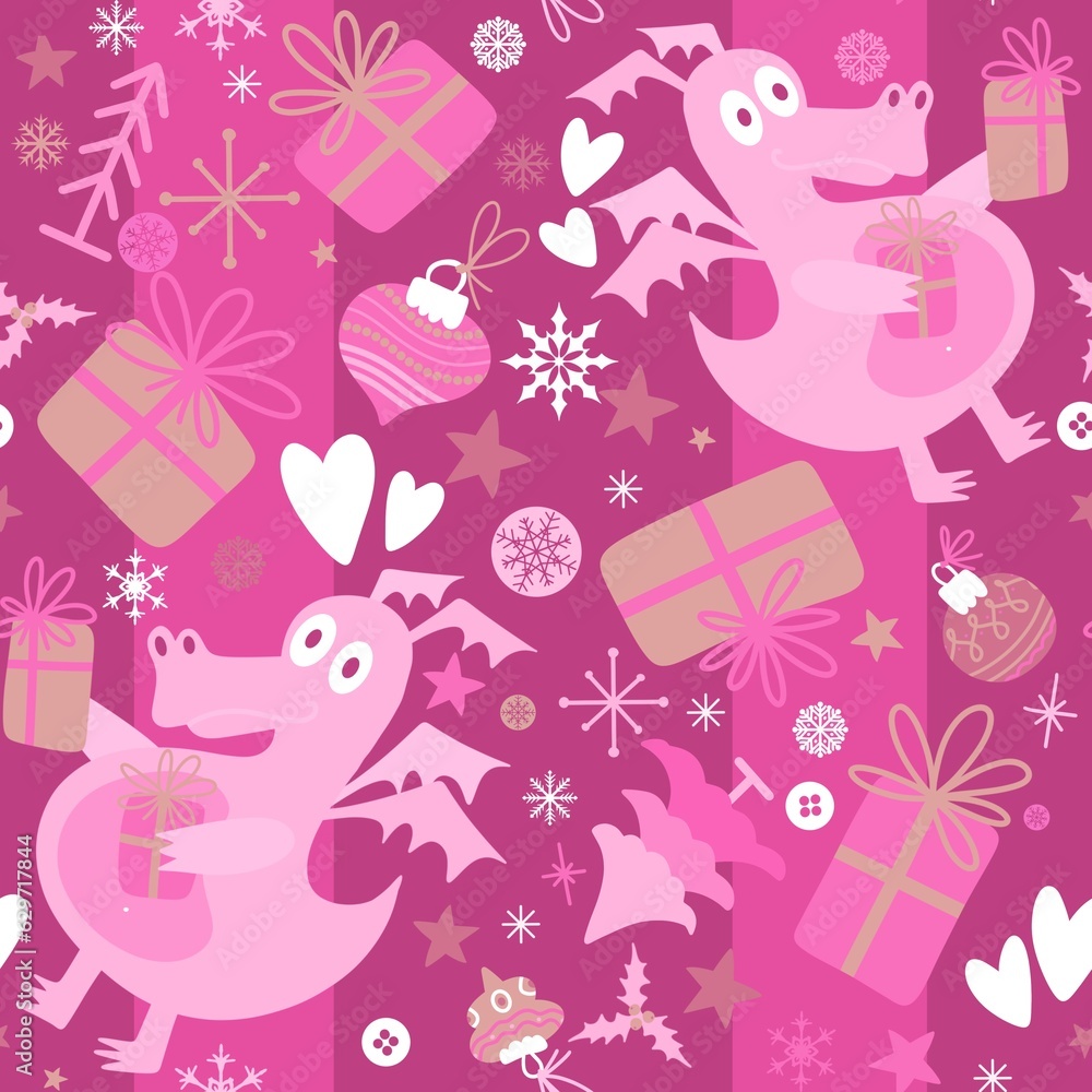 New year dragon seamless cartoon Christmas dinosaur pattern for wrapping paper and kids clothes print New year dragon seamless cartoon Christmas dinosaur pattern for wrapping paper and kids clothes print