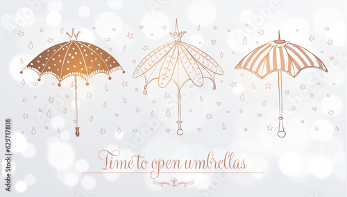 Design template with vintage doodle umbrellas on white glowing background with place for your text. Vector sketch illustration.