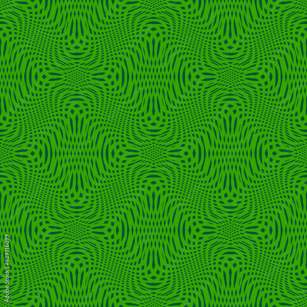 Vector seamless pattern with optical illusion effect. Simple abstract background, distorted checkered grid. Optical art. Warp surface. Retro vintage 1980s - 1990s style design. Fresh green color