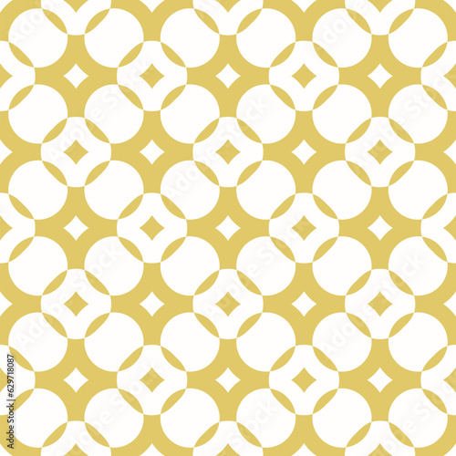 Vector golden geometric seamless pattern with rounded grid, net, mesh, lattice, circles, diamonds, curved lines. Simple abstract gold and white background. Luxury ornament texture. Repeat geo design