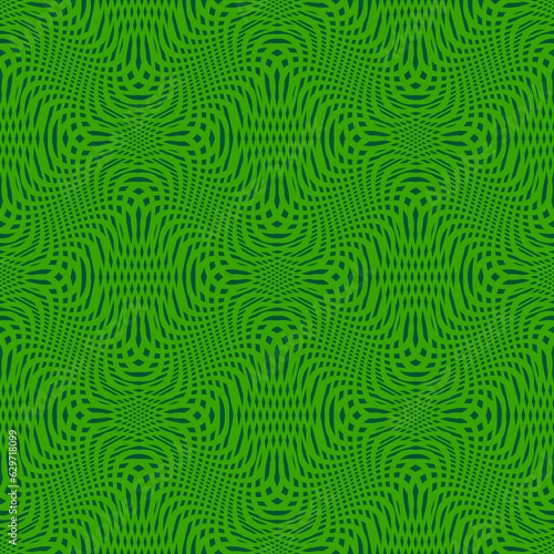Vector seamless pattern with optical illusion effect. Simple abstract background  distorted checkered grid. Optical art. Warp surface. Retro vintage 1980s - 1990s style design. Fresh green color