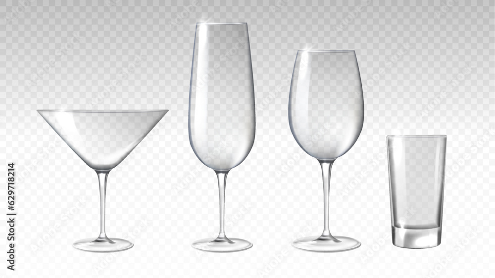 Realistic empty glasses vector set at copy space