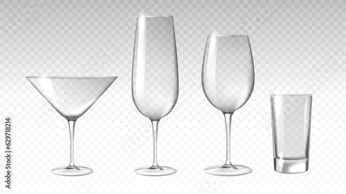 Realistic empty glasses vector set at copy space