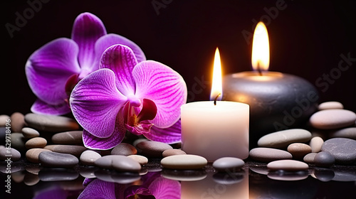 Composition of orchid  pebbles and candle on dark background  Generative AI