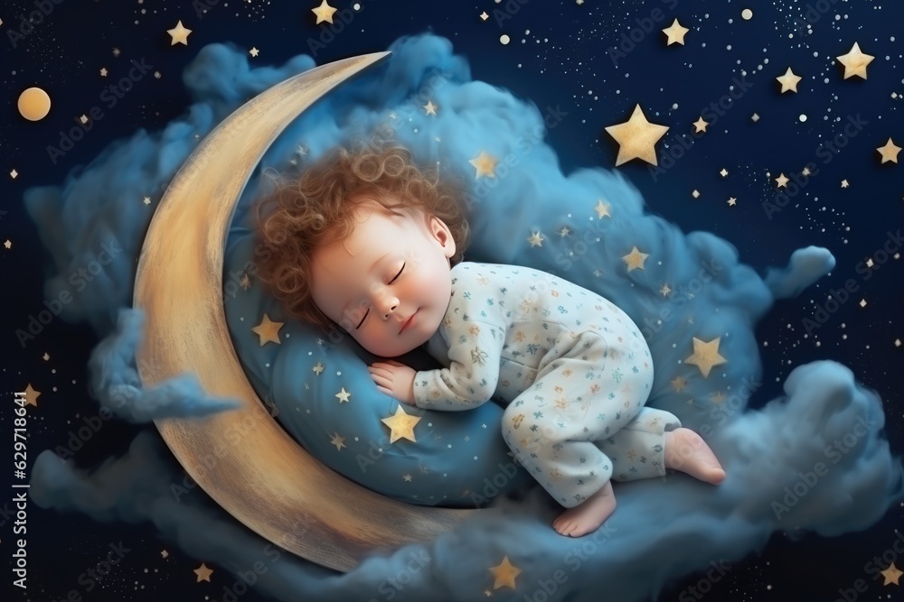 kids 3d illustration with moon and sleeping baby. Beautiful poster for baby room or bedroom. Childish greeting card kids 3d illustration with moon and sleeping baby. Beautiful poster for baby room or bedroom. Childish greeting card